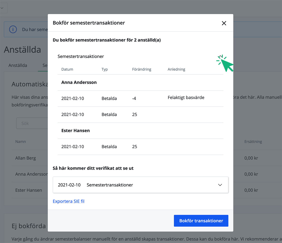 Förhandsgranska bokföring av semestertransaktioner
