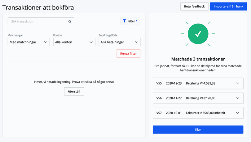 Bokförda verifikat för matchade transaktioner