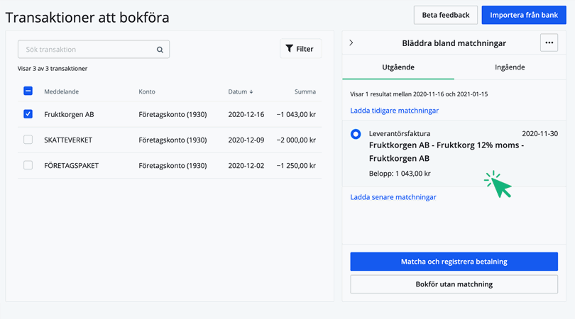 Välj att matcha till leverantörsfaktura