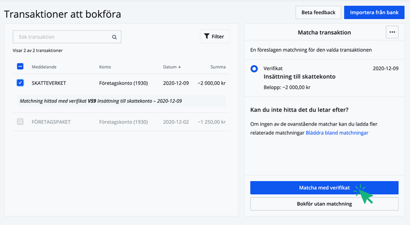 Klicka på Matcha med verifikat