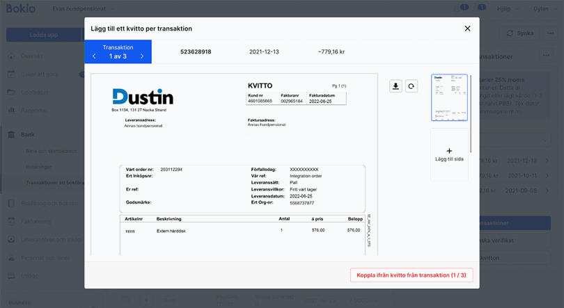 Ta bort kvitto från transaktion