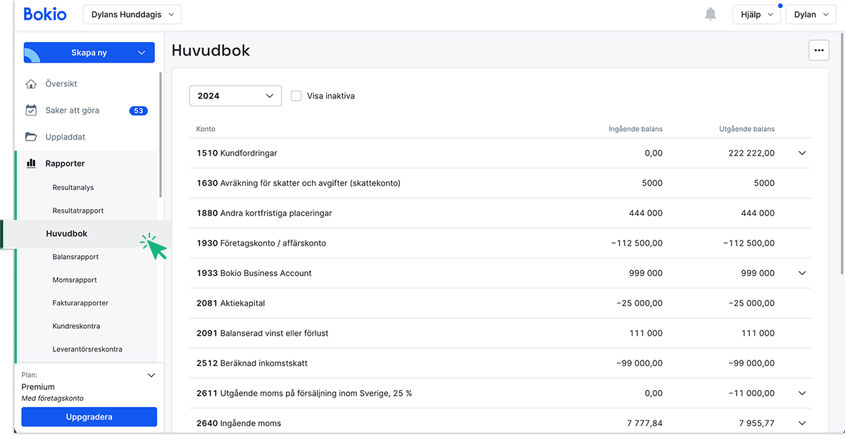 Huvudboken hittar du under Rapporter i vänstermenyn