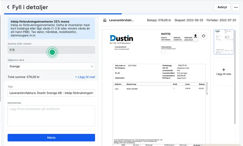 Välj detaljer för leverantörsfakturan