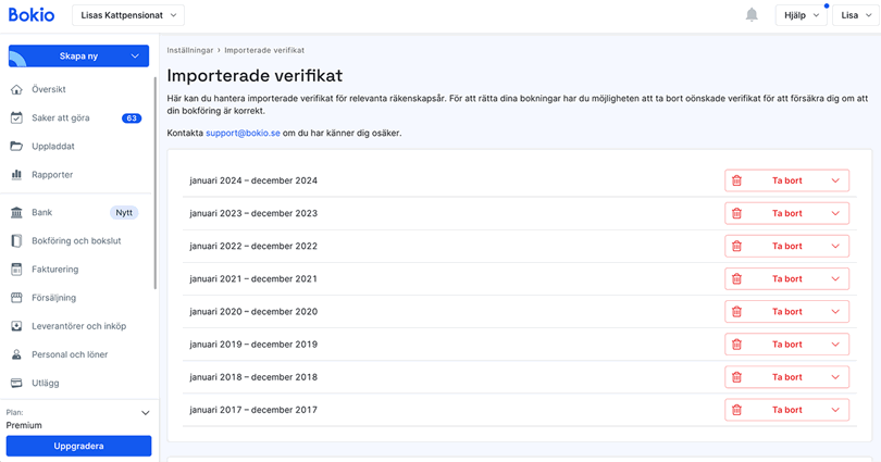 Klicka på Ta bort för att radera SI/SE-filen på givet räkenskapsår