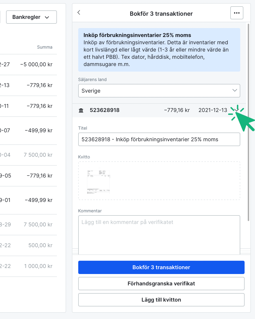 Se och redigera respektive transaktion