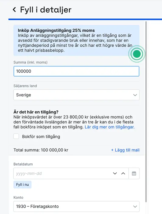 Bokför tillgång, välj mall