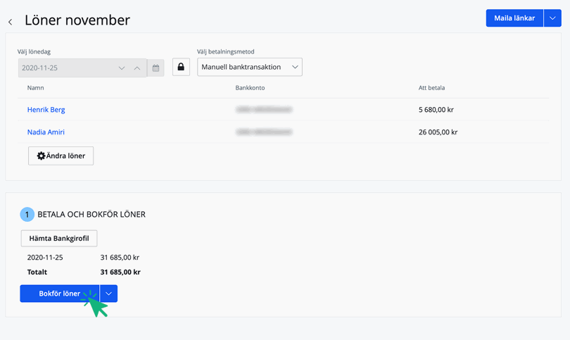 Klicka på Bokför löner