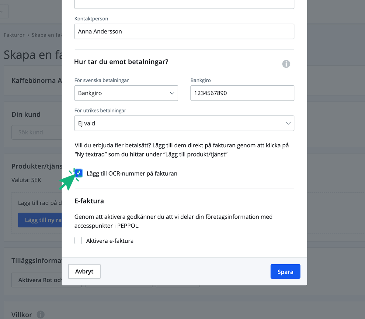 Klicka på Lägg till OCR-nummer på fakturan