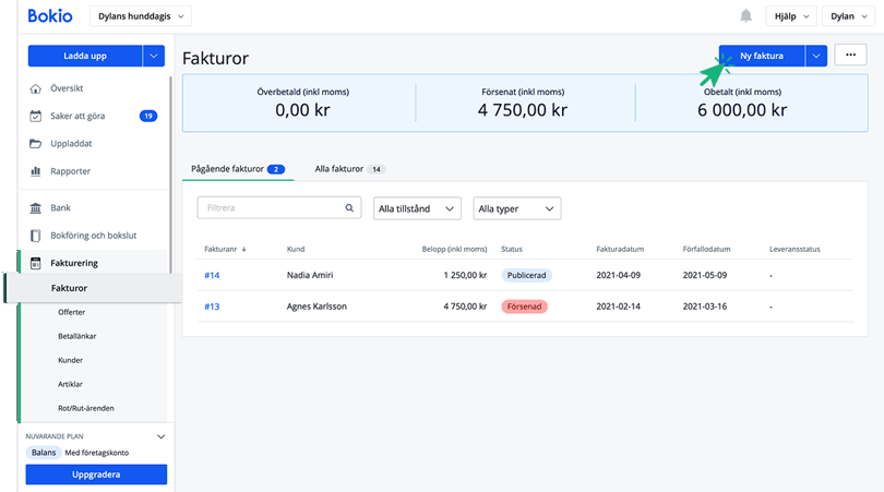 Klicka på Ny faktura
