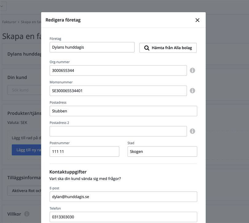 Kontrollera företagsuppgifter