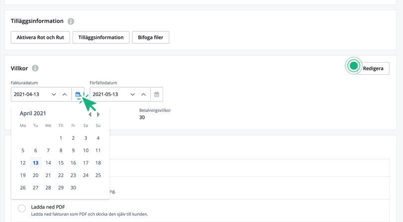 Ändra villkor på faktura