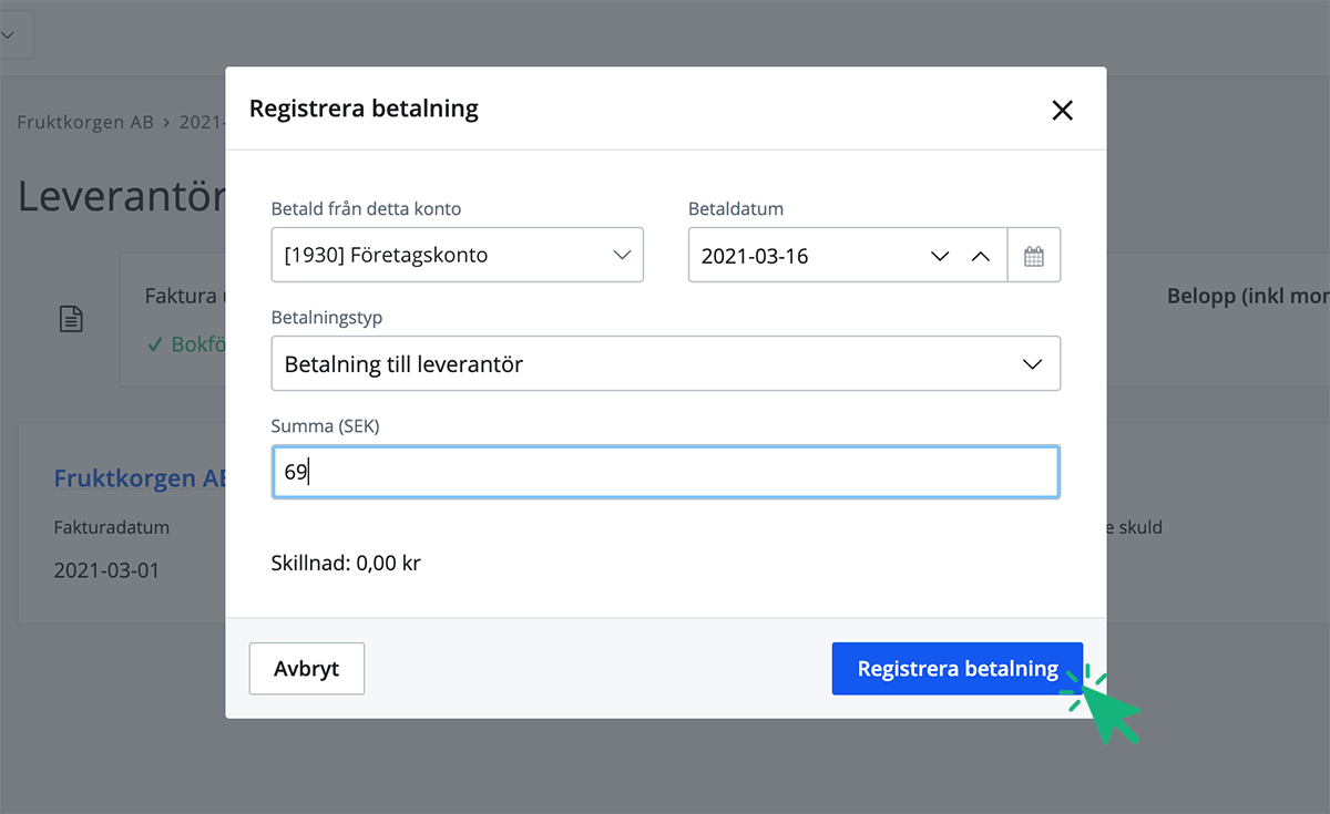Registrera betalning av påminnelseavgift