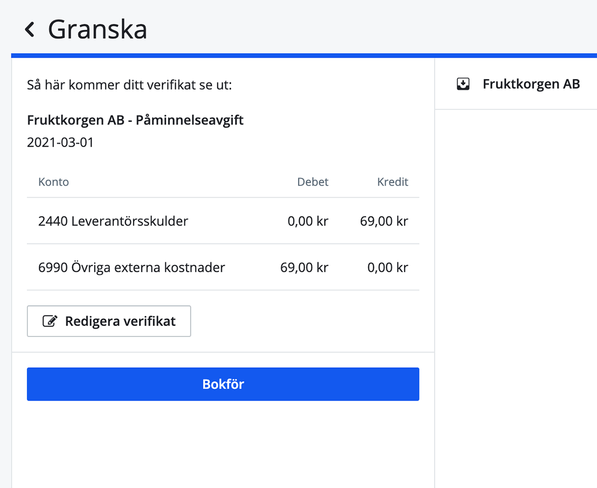 Verifikat påminnelseavgift från leverantör