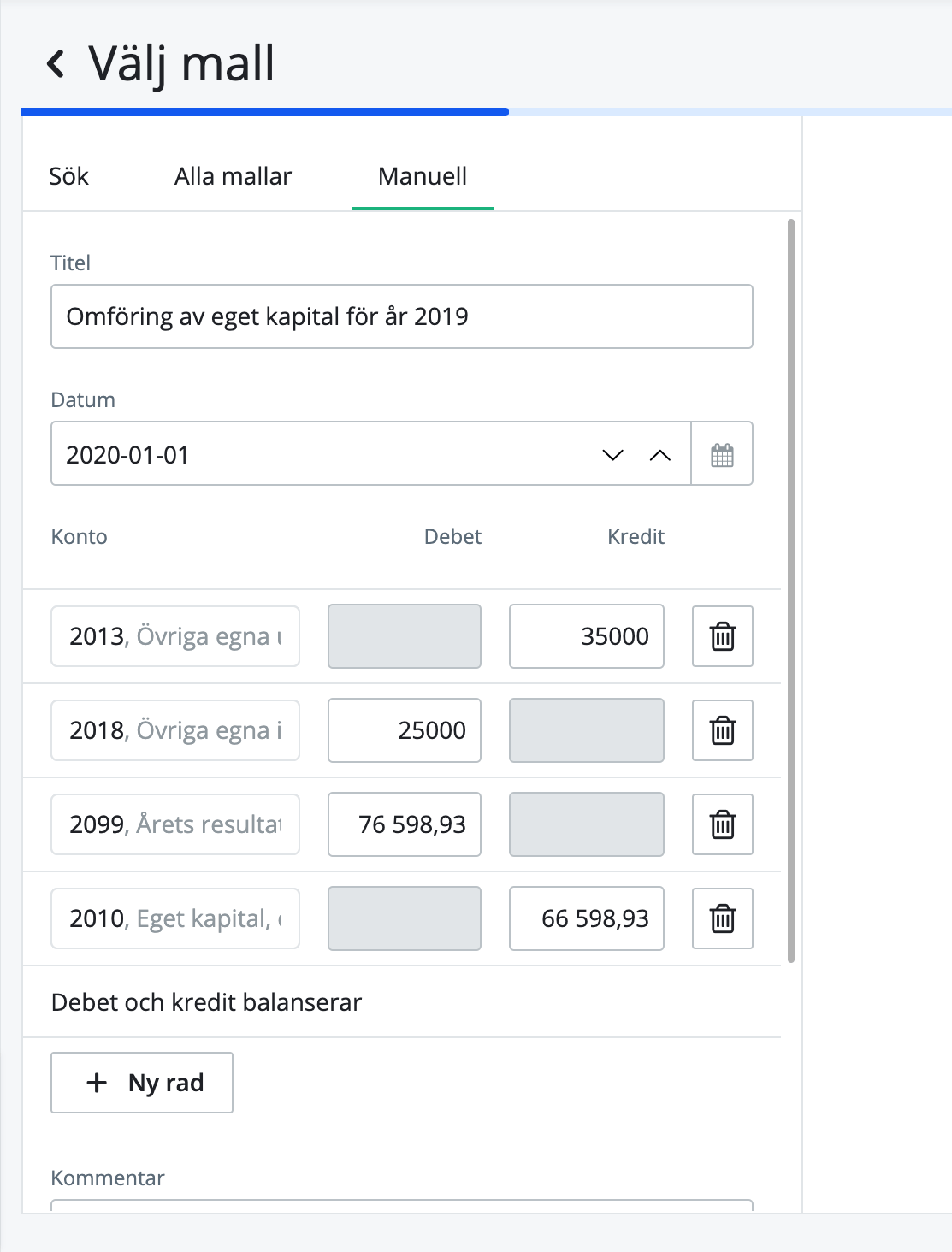 Bokför omföring eget kapital