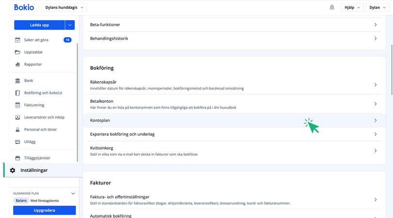 Kontoplanen i Inställningar
