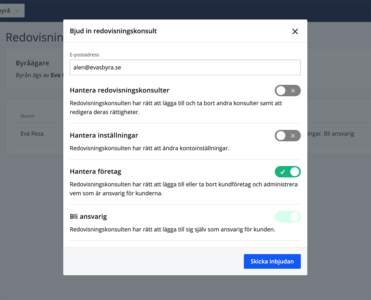 Fyll i e-post och välj rättigheter