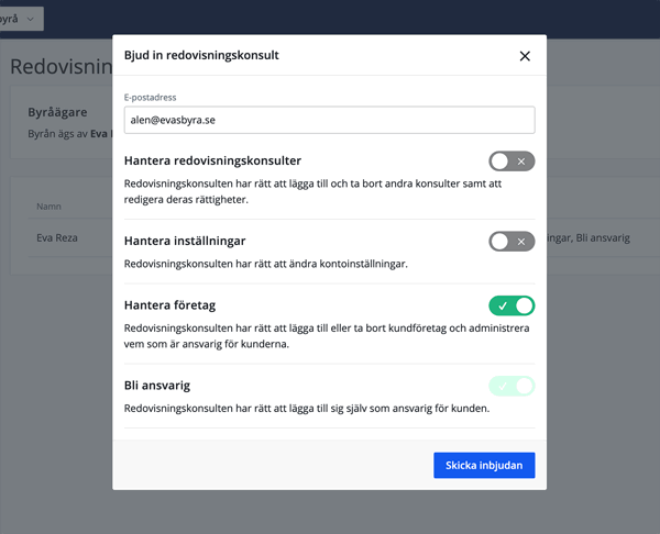 Fyll i e-post och välj rättigheter