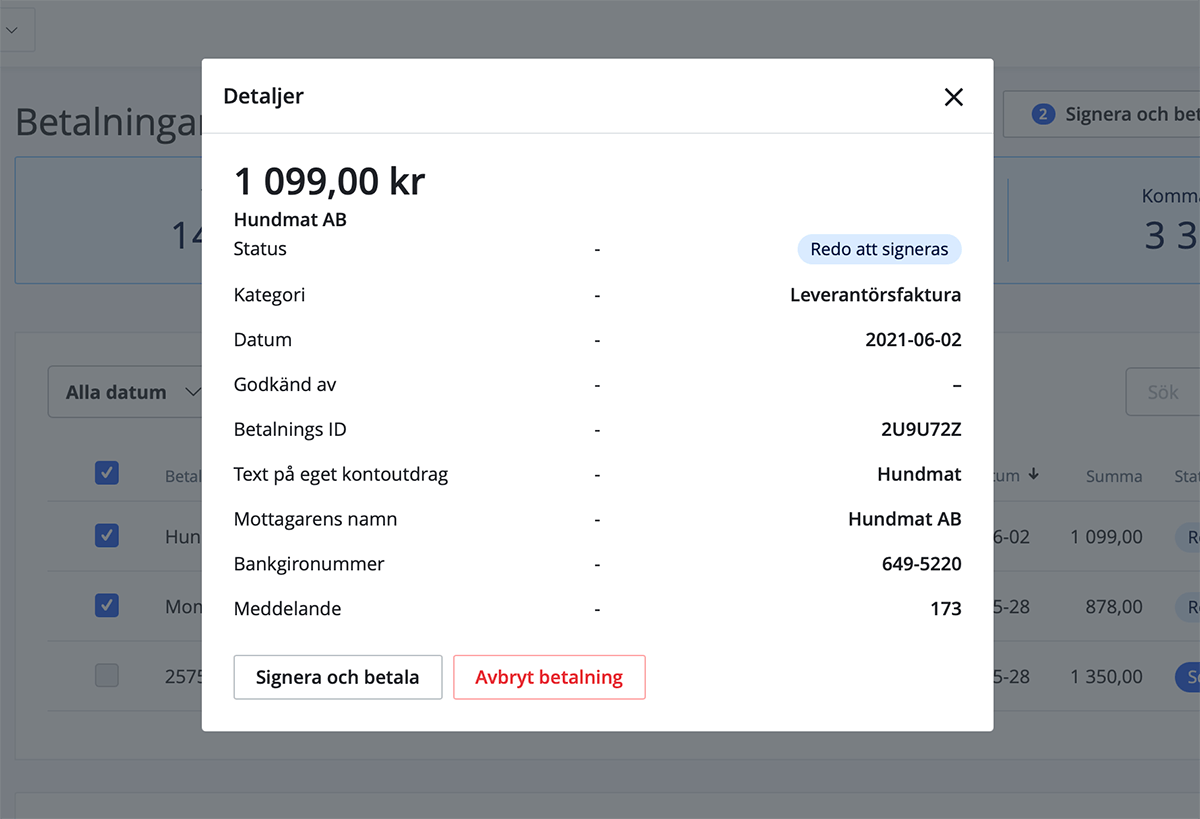 Detaljer för betalning