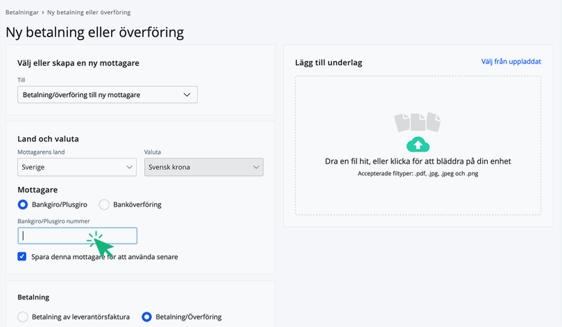 Skapa ny mottagare av betalning
