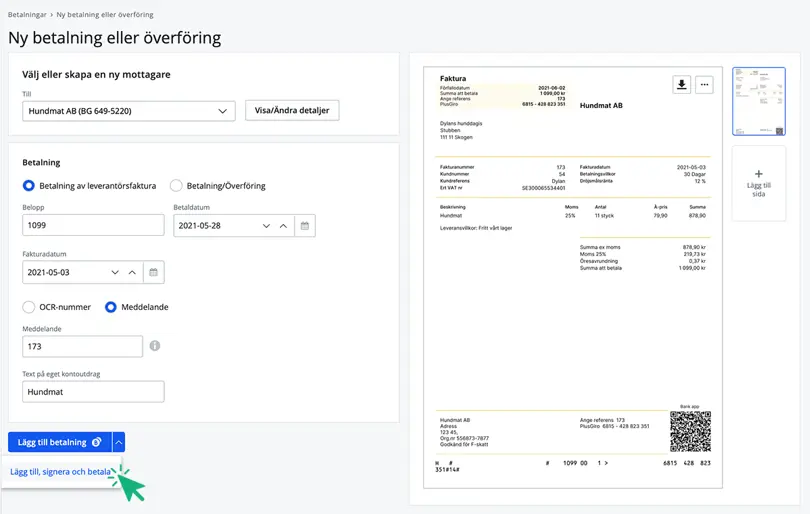 Lägg till, signera och betala leverantörsfaktura