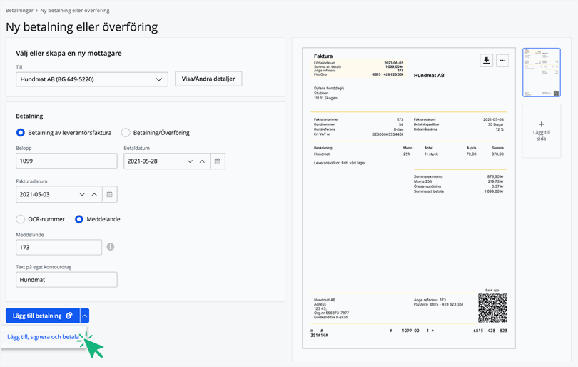 Lägg till, signera och betala leverantörsfaktura