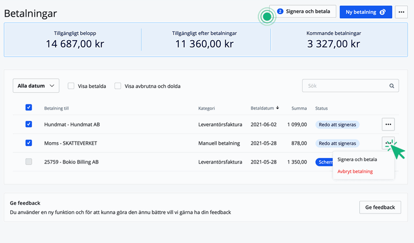 Signera från sidan Betalningar