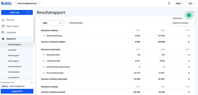 Exportera Resultatrapport Hämta PDF eller Excel