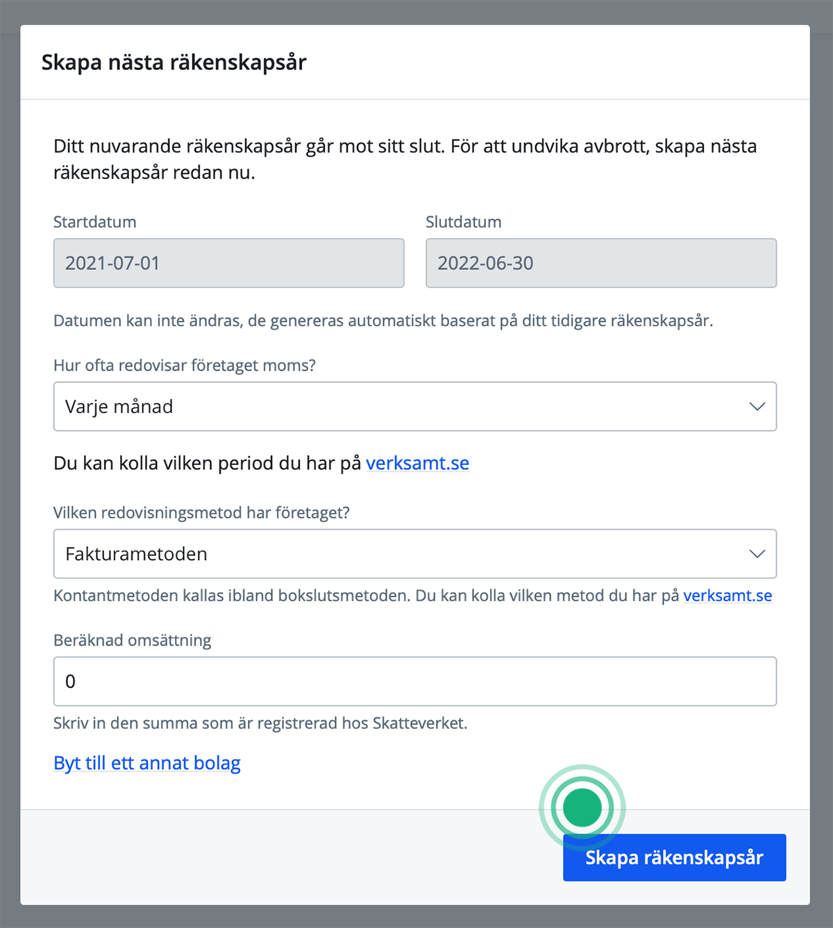 Räkenskapsåret är slut, skapa nytt