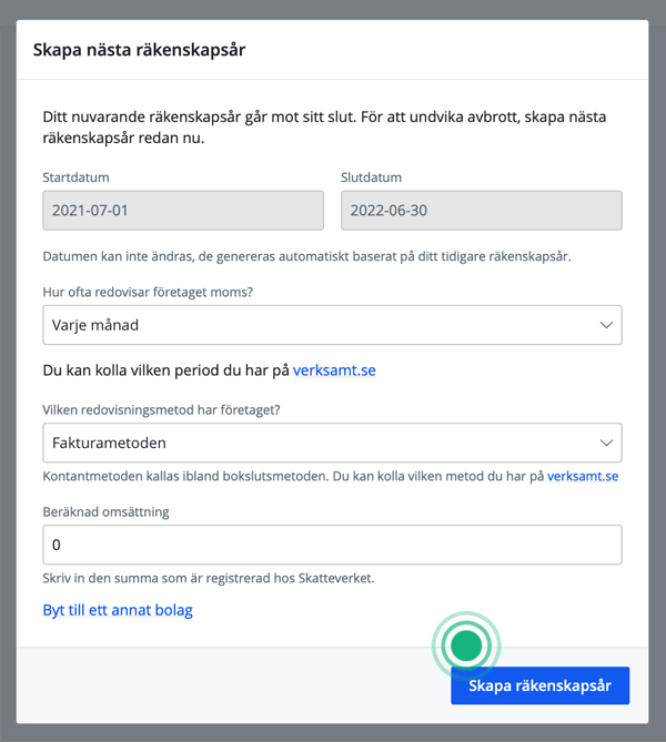 Räkenskapsåret är slut, skapa nytt