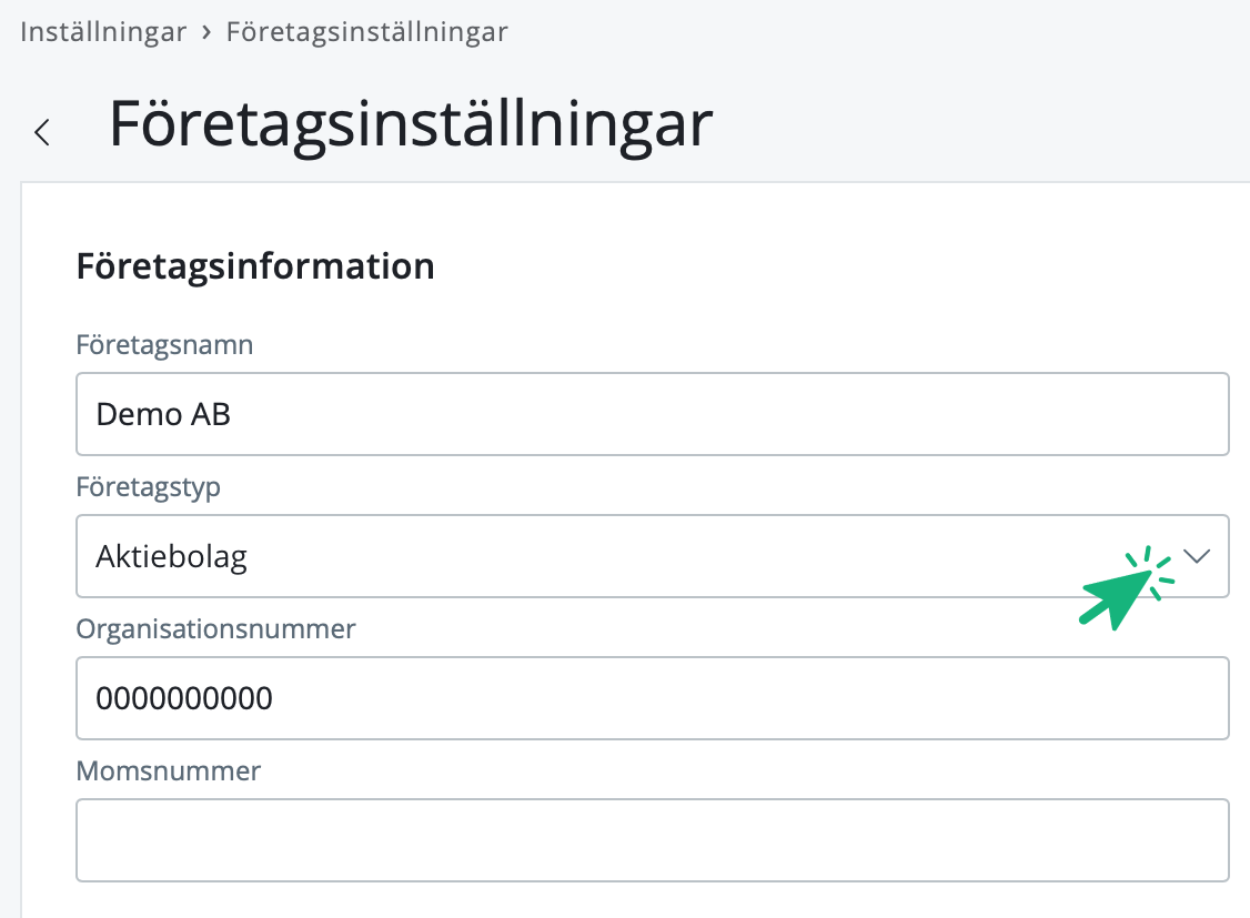 Ändra företagas typ i inställningar