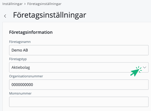 Ändra företagas typ i inställningar