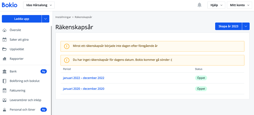 Du kan bortse från varningsmeddelandena så länge du ändrar första räkenskapsåret till rätt datum nu