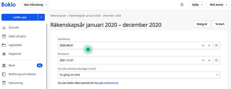 Ändra till rätt start och slutdatum på första räkenskapsåret