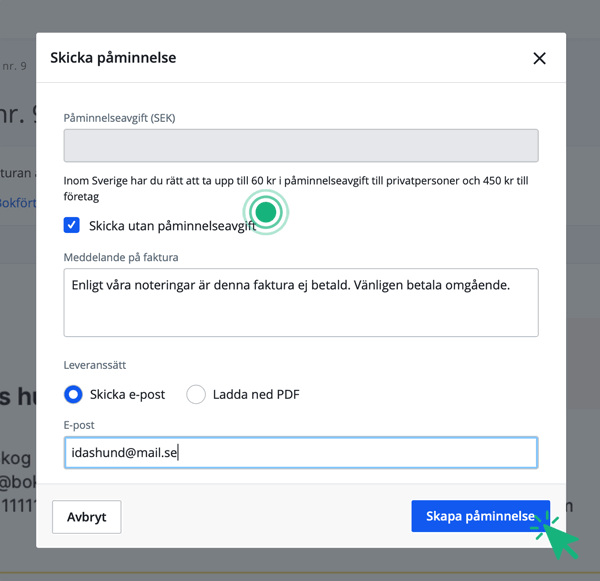 Skicka påminnelse ingen påminnselseavgift