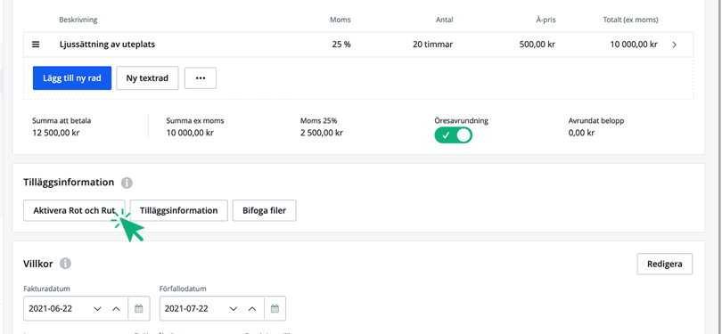 Aktivera Rot/rut på fakturan