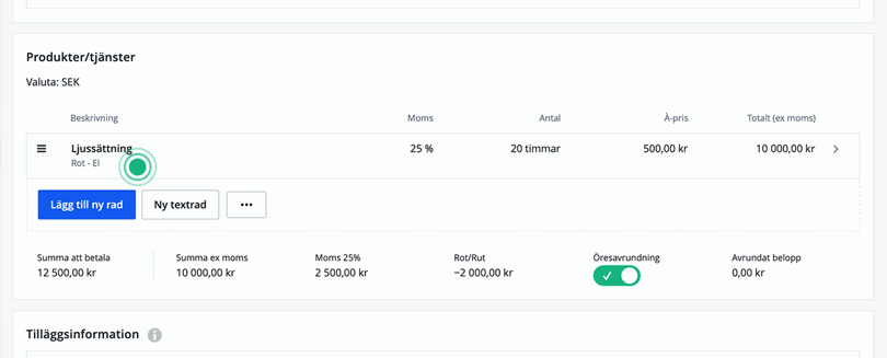 Information på fakturarader