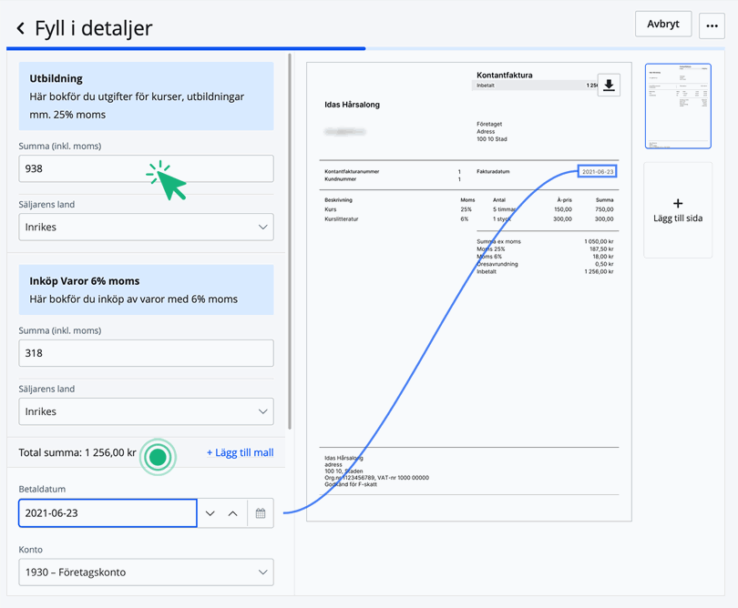Skriv in belopp för respektive mall