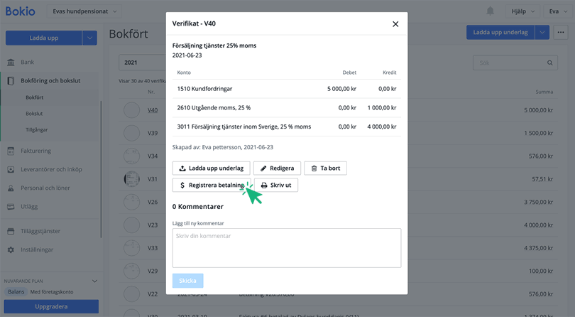 Registrera betalning från verifikationslistan