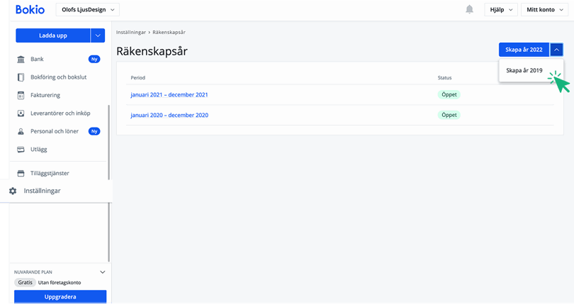 Skapa tidigare räkenskapsår
