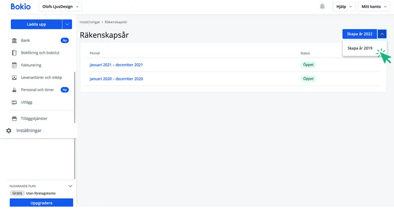 Skapa tidigare räkenskapsår