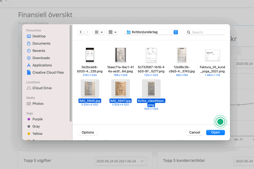 Markera de underlag du vill ladda upp