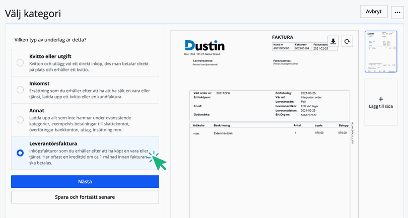 Välj Leverantörsfaktura som kategori