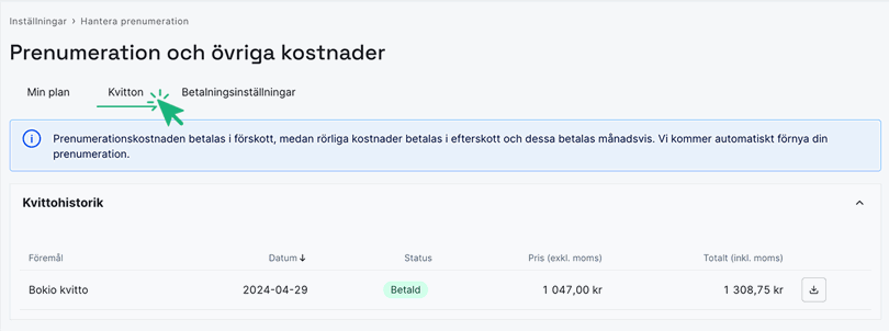 Välj fliken kvitton