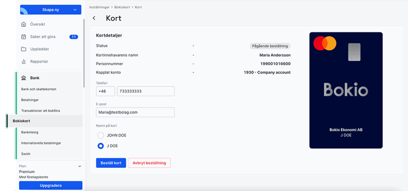 Granska dina kortuppgifter och välj Beställ kort