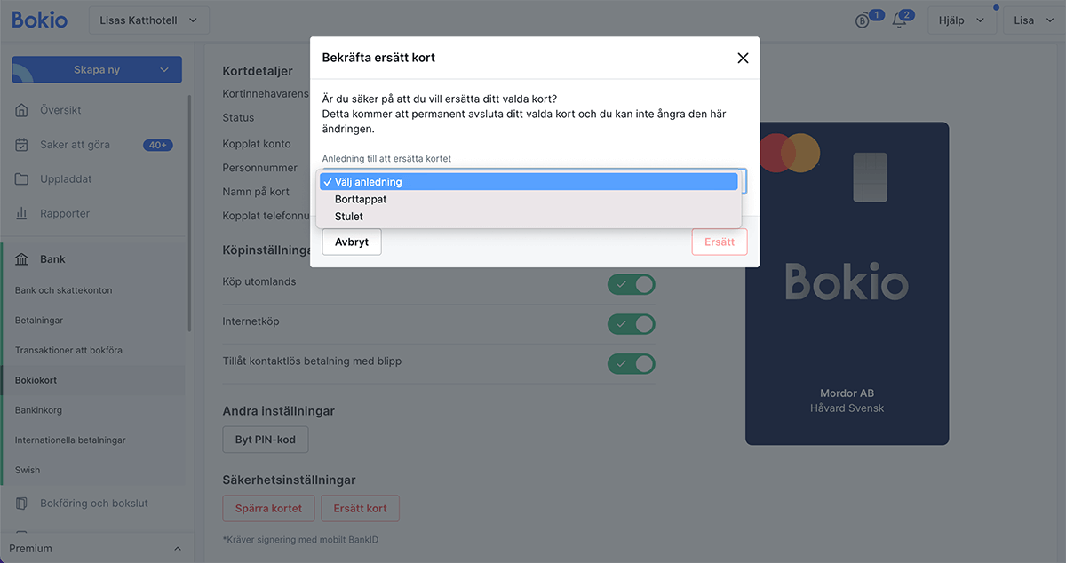 Välj anledning till ersättning av kort