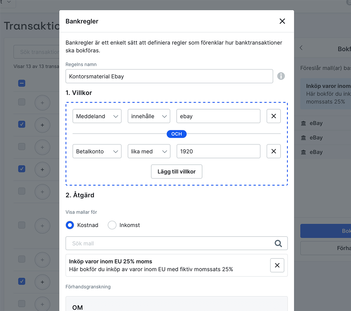 Visa eller redigera bankregel