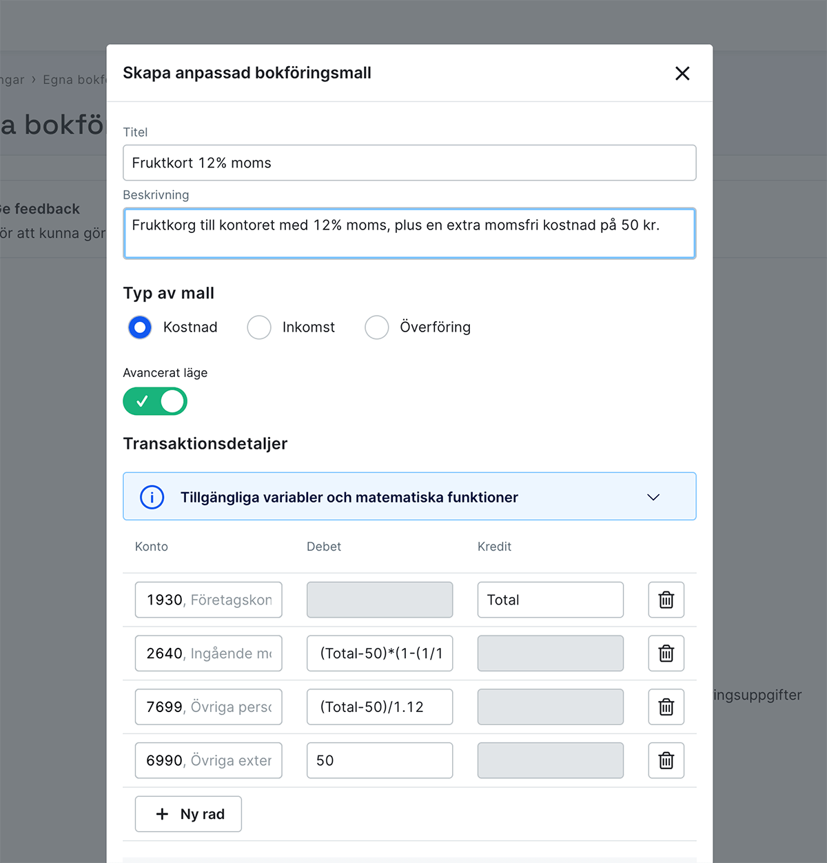 Fyll i transaktionsdetaljer för avancerad bokföringsmall