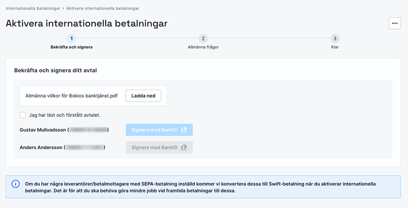 Signera avtal för internationella betalningar
