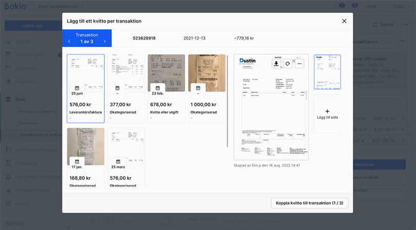Lägg till ett kvitto per transaktion