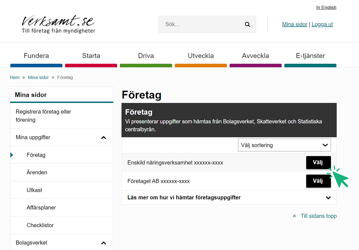 Gå till Mina sidor och Företag hos Verksamt